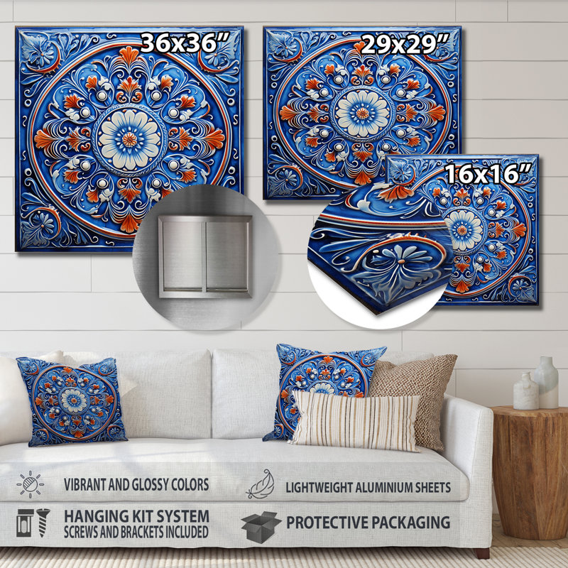 Floral Boho Blue And Orange Tile Mosaic 4 - Boho Tiles Metal Wall Art, 16" H x 16" W