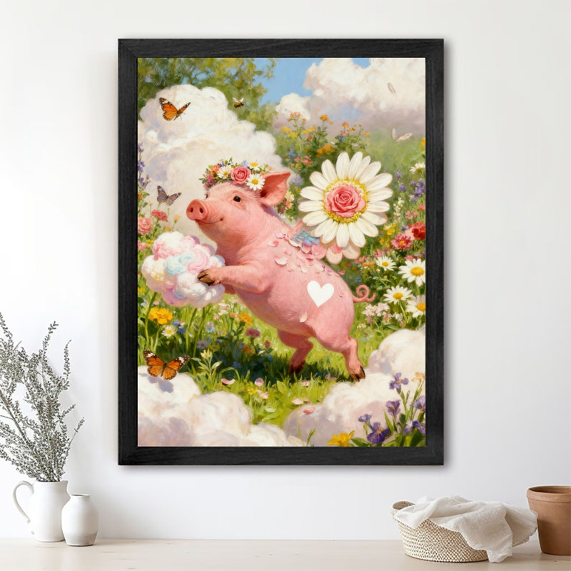 Reproduction d'art encadré noir, nuages de rêve rétro, cochon rose, style rétro, H 17 po x l 13 po