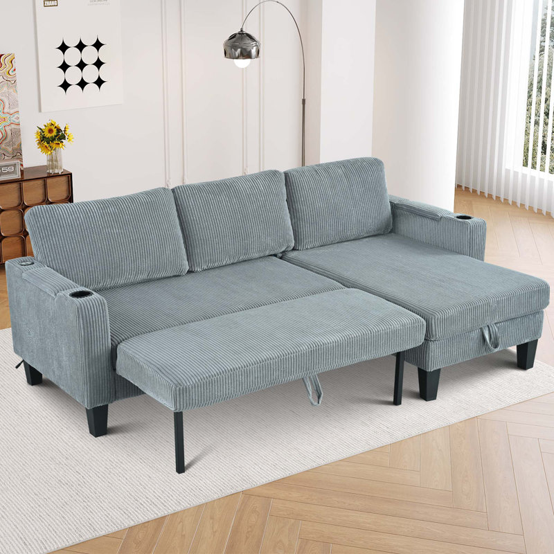 Reversible Sectional Sofa with Storage Chaise and Cup Holder, Gray Corduroy
