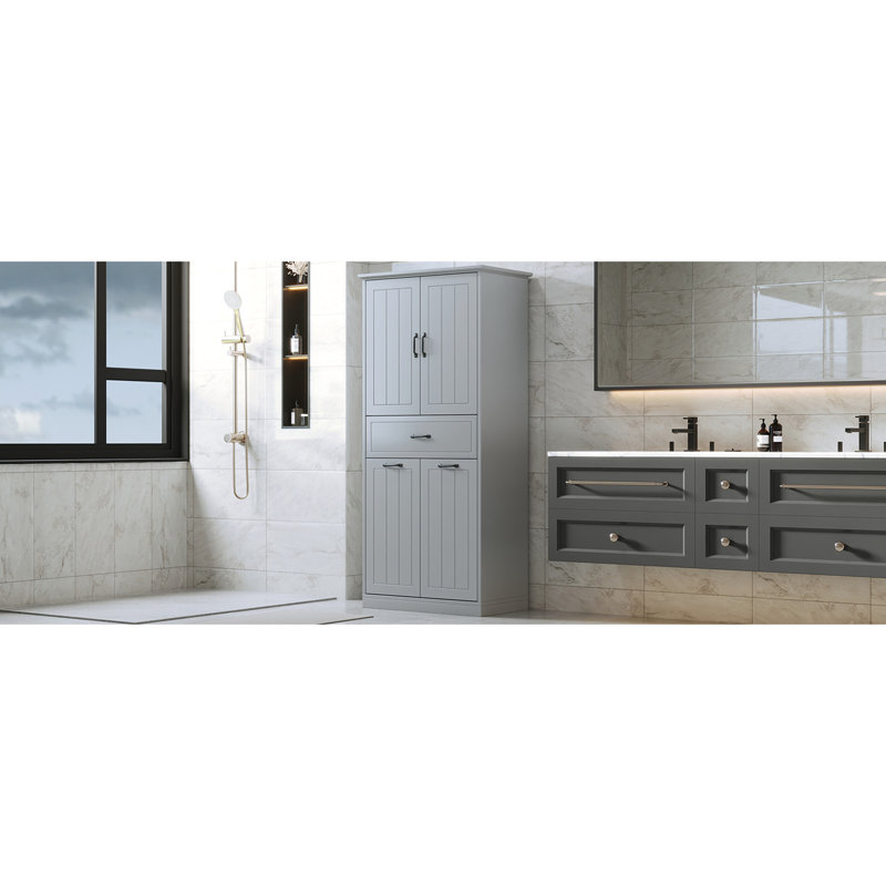 Rangement de salle de bain gris avec 2 buanderies, armoire, tablette peinte, tablette réglable, basculement, portes et tiroir