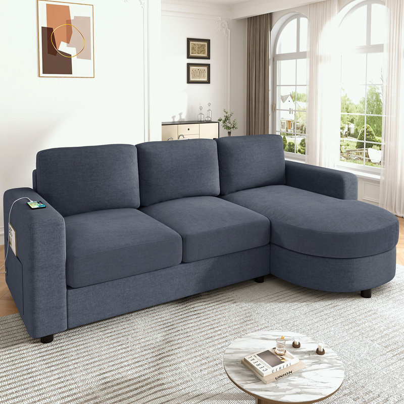 Canapé en L avec méridienne incurvée, ports USB et poches de rangement latérales, Chenille bleu