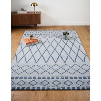 Tapis intérieur géométrique en laine bleu clair noué à la main
