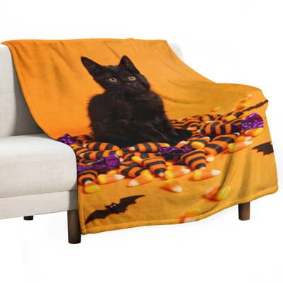 Jeté en flanelle de luxe noir et orange, couverture douce et chaude pour le canapé-lit du salon