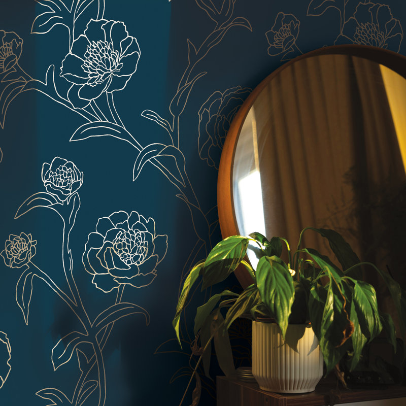 Marlee 33' L x 20.5" W Textured Peel and Stick Wallpaper Roll, Peacock Blue/Metallic Gold, 16.5" L x 20.5" W