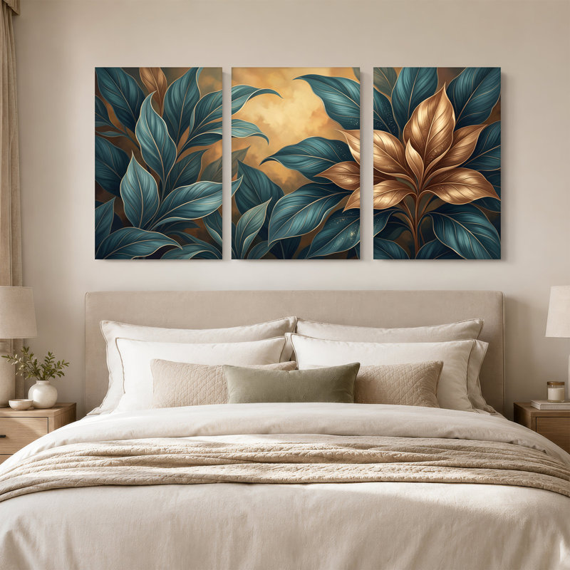 Ensemble de 3 toiles murales à motif de feuilles tropicales turquoise et or, H 30 po x l 20 po x 3 pièces