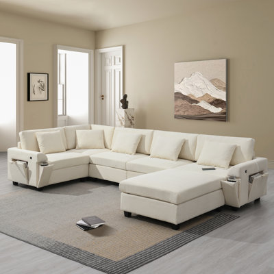 128.00×67.00×31.50 Inch U-Shaped 6-Seat Chenille Sectional Sofa, Hidden Armrest Storage & Usb Charging, Cup Holders With Oversized Movable Ottoman For Living Room Apartment White