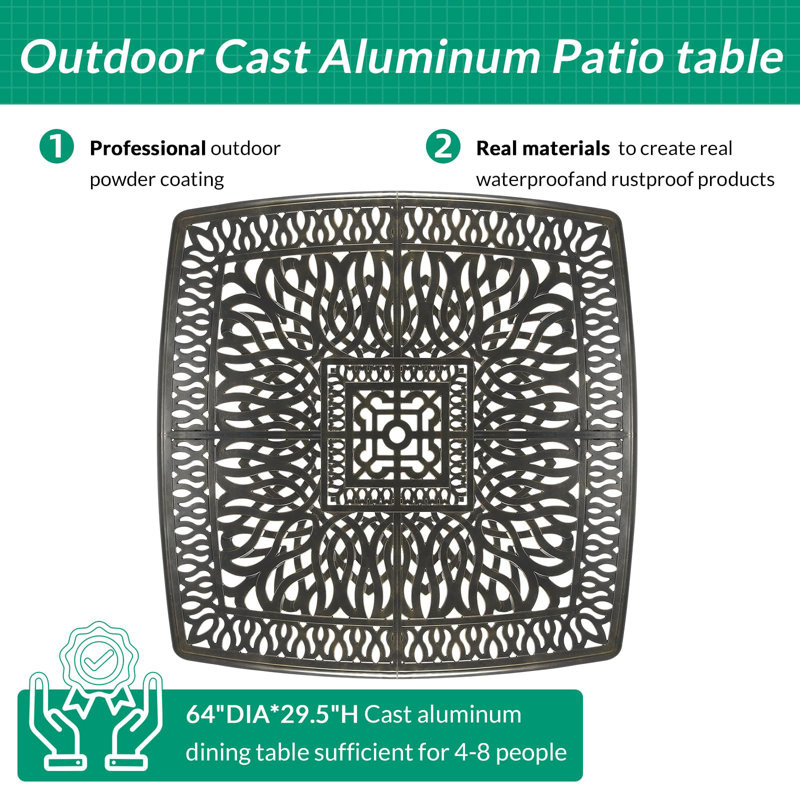 Large Dark Bronze Cast Aluminum Square Patio Dining Table with Umbrella Hole