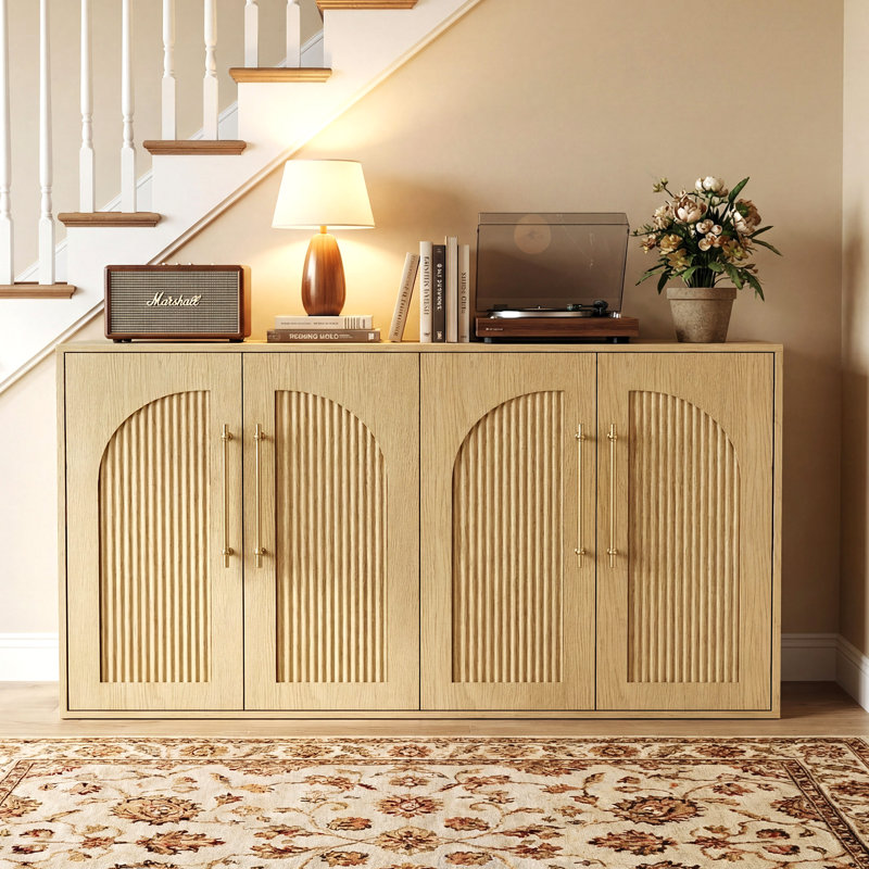 55" Modern Sideboard Cabinet with 4 Arched Doors，Fluted Sideboard Buffet Cabinet with Storage, for Kitchen, Living Room, Dining Room