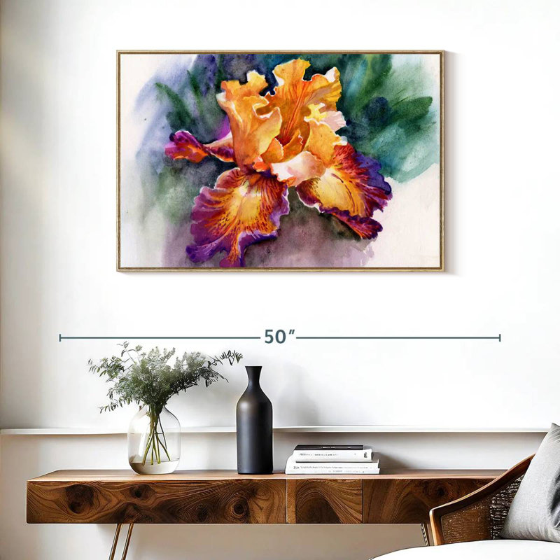 Fleur d'iris jaune, Cadre flottant en bois naturel, 37 po x 25 po