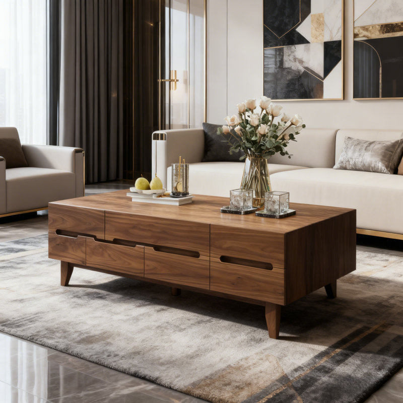 Table basse 51,2 po Table basse rectangulaire en bois de noyer Table basse Mid-Century moderne avec tiroirs de rangement