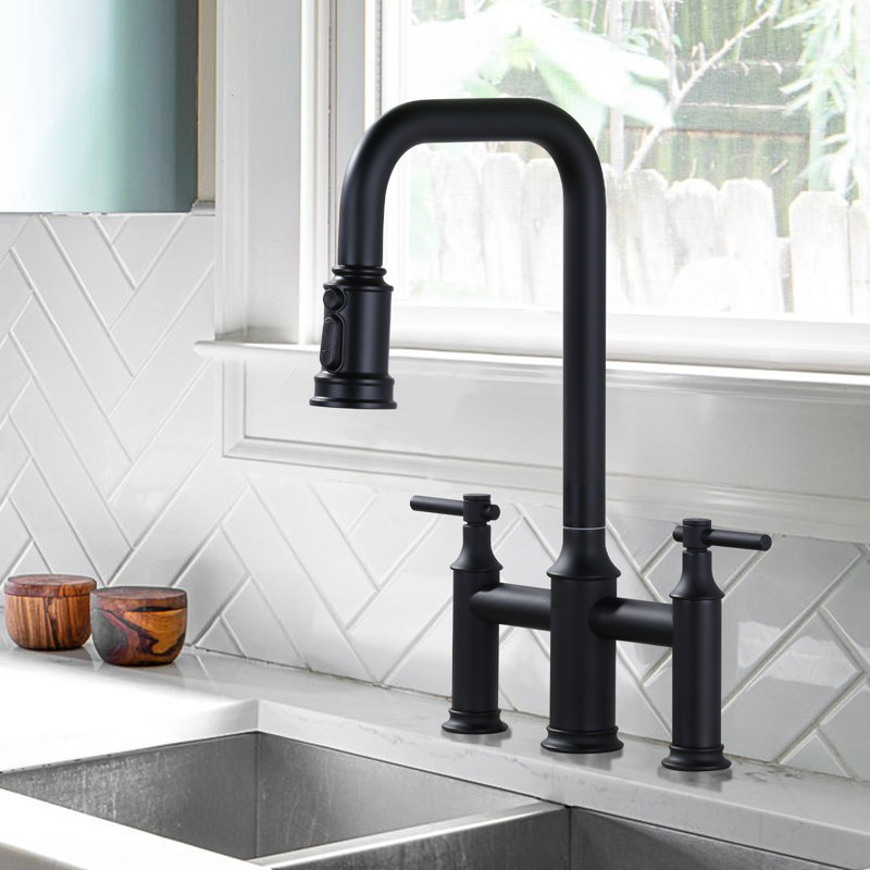 Bridge-Style Kitchen Faucet With Dual Handles And A Pull-Down Spray Head, Designed For Installation On A 3-Hole Kitchen Sink