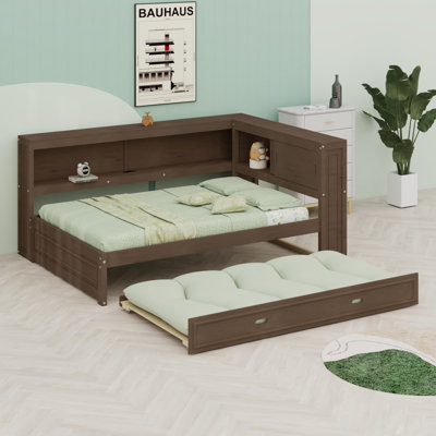 Lit de jour en bois avec tablettes de rangement, USB, DEL et lit gigogne