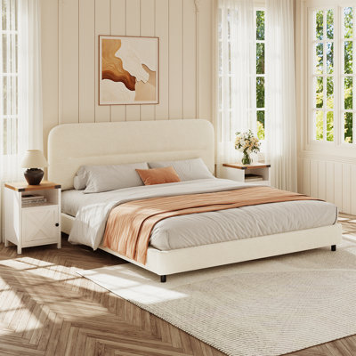 3 Piece Upholstered Bedroom Set,Bed Frame With Set Of 2 Nightstands