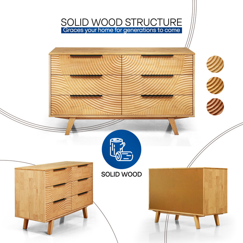 ACACIA Harmony 6-Drawer Dresser – Solid Wood Bedroom Dresser With CNC Circle Pattern – Zen Sand Garden Inspired, Mid-Century Wide Chest