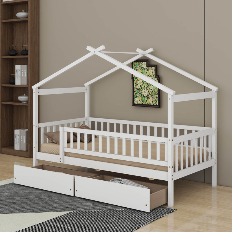 Lit simple en bois avec tiroirs, Blanc