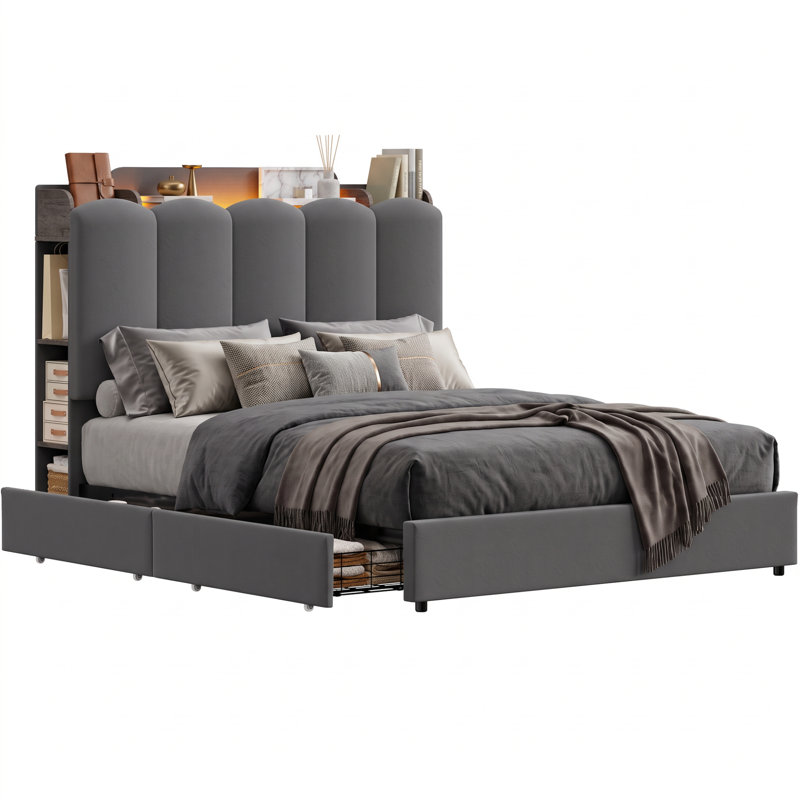Lit plateforme tapissier moderne avec lumières DEL, ports USB, casiers latéraux et 2 tiroirs sous le lit, cadre de lit avec rangement