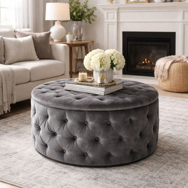 Repose-pieds Keja, velours gris foncé touffeté, rembourrage doux, rond 30 po, Gris