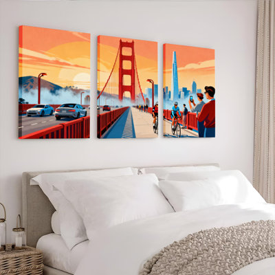 Ensemble de 3 toiles murales représentant le coucher de soleil sur le pont Golden Gate
