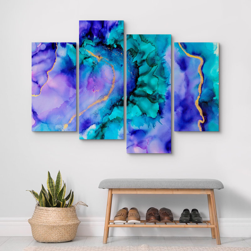 Agate en marbre bleu sarcelle mauve et aquarelle vagues 4 pièces