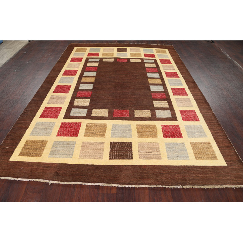 Tapis unique en laine noué à la main brun / beige / rouge nouvel âge Gabbeh 6 pi 5 po x 9 pi 4 po