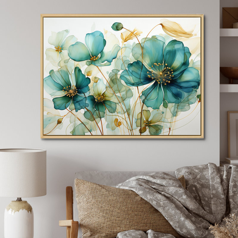 «Teal Green Organic croissance - Abstract Botanicals», art mural, 24" H x 32" W, Natural Floater Framed