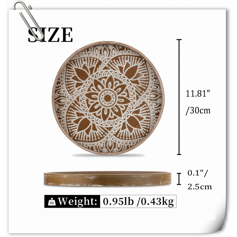 Brown Floral Pattern Round Wooden Serving Tray