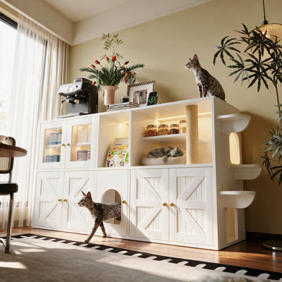 Meuble de rangement pour chat de style ferme de 186 cm (73,23 po) avec bac à litière, poteau à griffer en sisal, éclairage DEL, station d'alimentation, crochets de rangement et meuble TV.