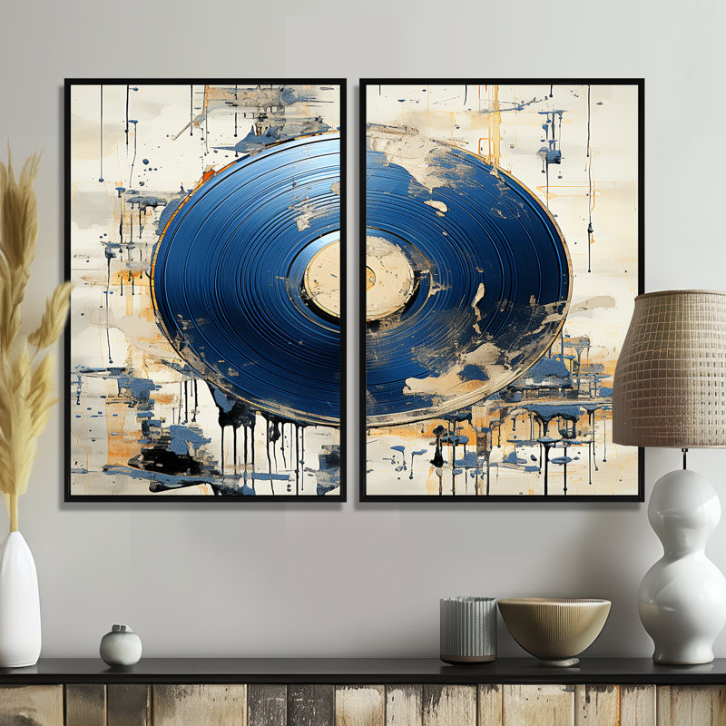 Blanc et bleu, vinyle, disque, mélodie, or, impressions d'art moderne sur toile, H 36 po x l 48 po, Noir