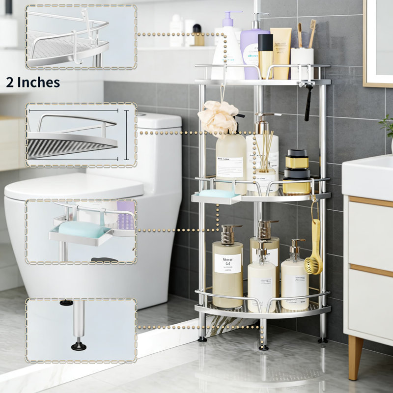 Consumest Corner Shower Caddy Stand - 3-Tier Floor Shower Organizer With Soap Holder, Adjustable Non-Slip Feet, 4 Hooks, And Rust-Resistant Stainless Steel Design For Bathroom Storage