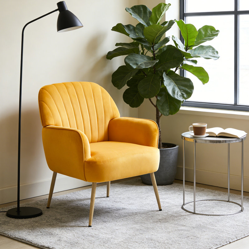 Chaise de salon rembourrée en velours Comfy, Bois, Jaune