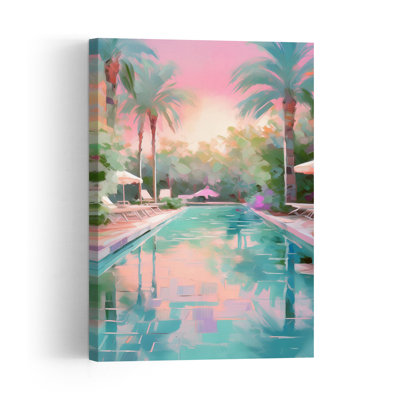 Tableau d'art mural représentant une piscine de villégiature de rêve, un coucher de soleil d'été serein et paisible sous un palmier