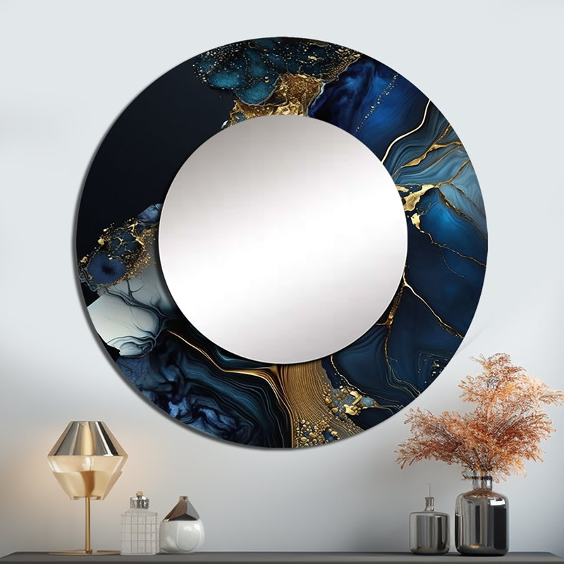 «Punita Abstract Geode», miroir mural rond doré et bleu, 23 po x 23 po