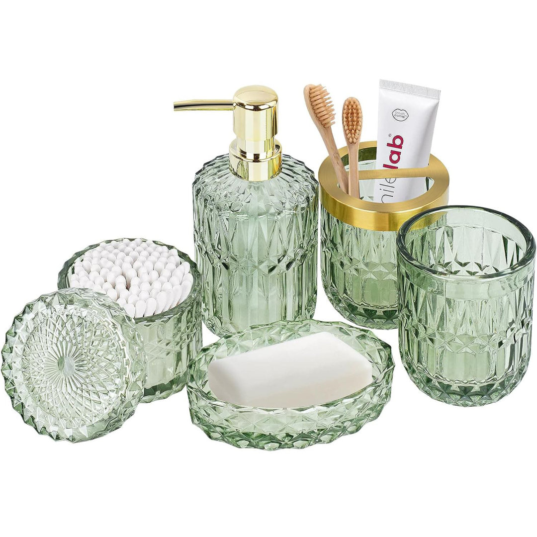 Green Glass Bathroom Set (5pcs) - Soap Dispenser, Toothbrush Holder & Essential Accessories