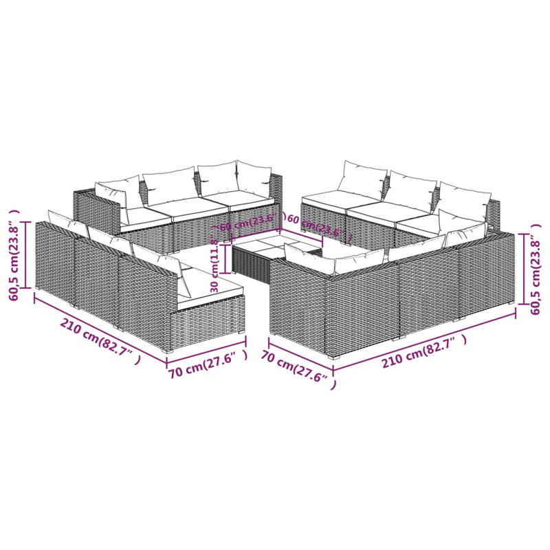 23.6" Wide Square Patio Sectional Set with Cushions, Red, Brown