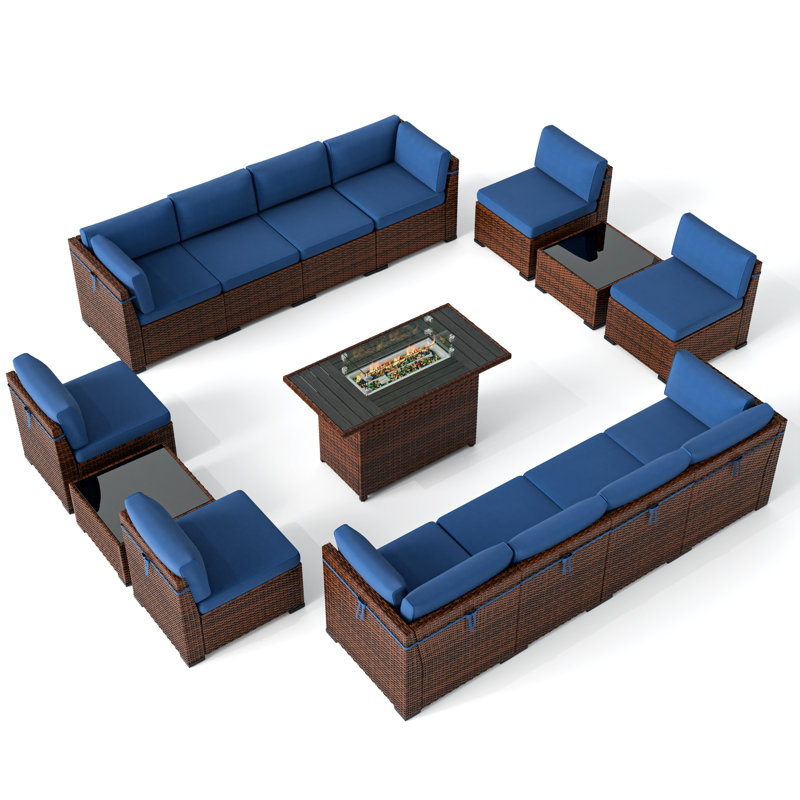 Canapé modulaire d'extérieur à dossier incliné avec 2 tables basses et foyer d'extérieur Rikuto, Marine, 12