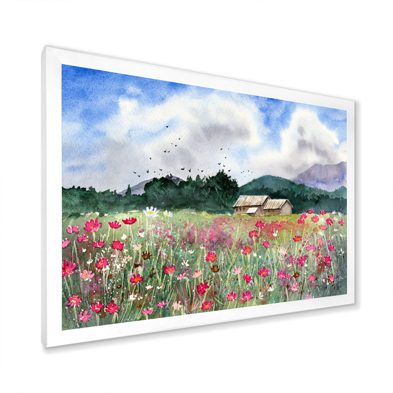 Paysage avec un champ de fleurs blanches et roses - Peinture sur toile, H 30 po x l 40 po x P 1,5 po
