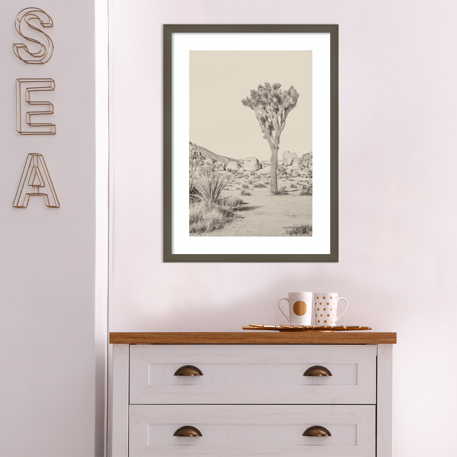 Villere "Joshua Tree III Neutral" Print on Wood, Gray Framed, 25" H x 19" W