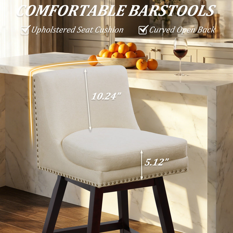26.77 Inch Swivel Counter Height Bar Stool(Set of 1) With Open Back & Oak Wood Legs, Nailhead Trim For Pub, Bistro, Kitchen, Cafe