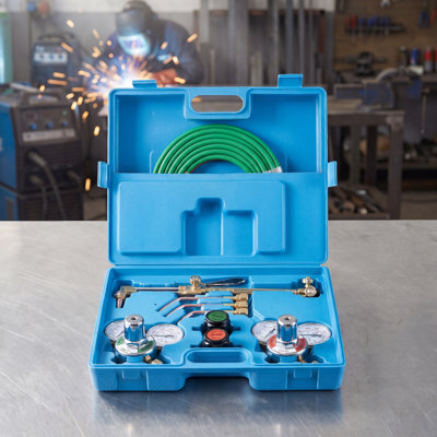 Oxygen Acetylene Torch Kit with Check Valves, Gas Welding Cutting Torch Kit, Portable Oxy Acetylene Brazing Set with 15FT Twin-Hose, 1 Cutting Tip, 3 Welding Tips, 2 Gas Regulators & Toolbox