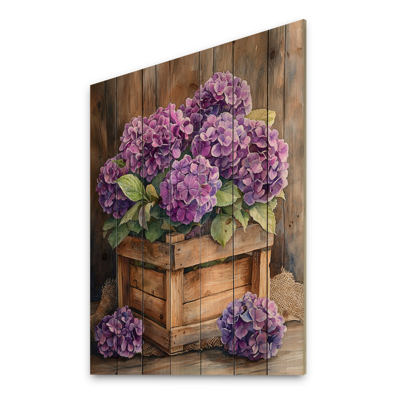 Bouquet d'hortensias dans une caisse en bois I - impression d'hortensias sur bois de pin naturel