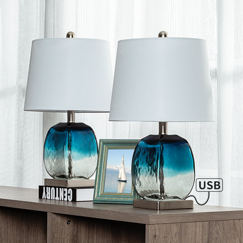 Dungannon 20.5" Coastal Glass Table Lamp 3-Way Dimmable Lighting with USB Soft 
