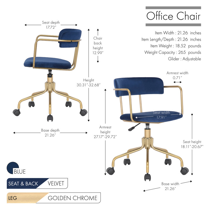 Chaise de travail Levins, Velours bleu marine