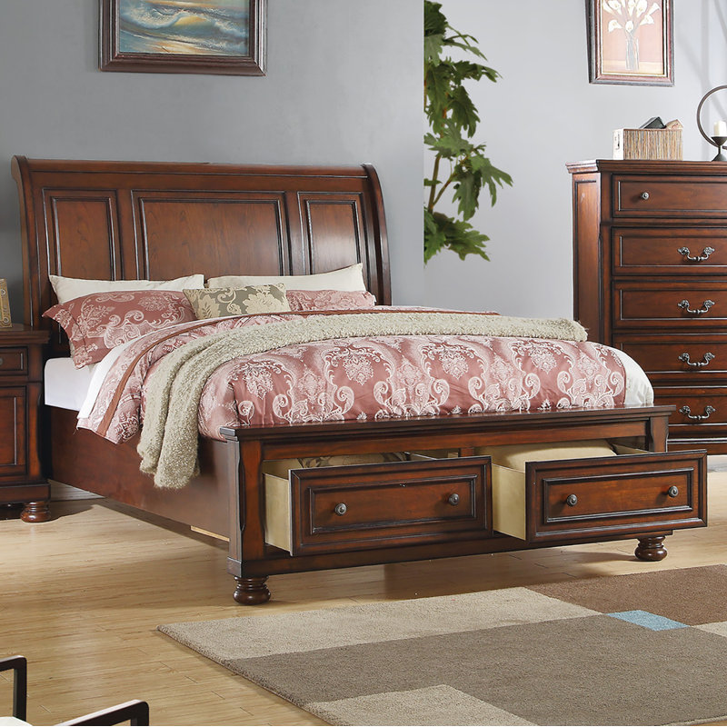 Grand lit-bateau avec 2 tiroirs, brun cerise
