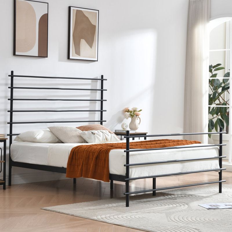 Modern Metal Platform Bed Frame with Colorful Horizontal Bars - Multiple Colors Available, No Box Spring Needed, Sturdy Steel Construction, Easy Assembly