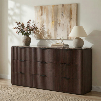 Heavy-Duty 9-Drawer Dresser, 63"W Fluted Bedroom Storage Chest with Reinforced Side Panels and Faux Marble Top, Brown Oak