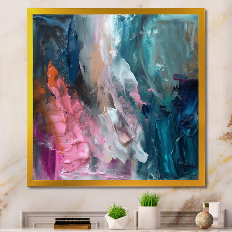 Demeko moderne bleu et rose abstrait - art mural abstrait, H 30 po x l 30 po, Impression encadrée, Doré