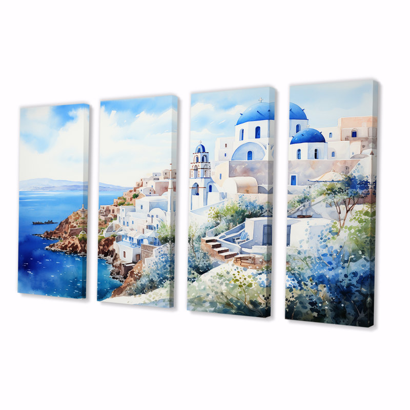 «Blue and White Santoriniisles II - Grèce», art mural 4 pièces, H 28 po x l 48 po