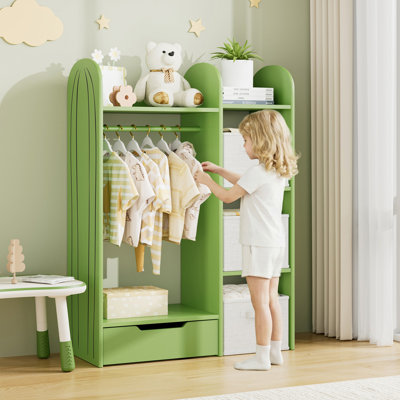 Rangement pour enfants, garde-robe pour enfants, organisateur de costumes avec tringle et tiroir, 3 tablettes et 3 bacs, armoire de vestibule en forme de cactus pour chambre d'enfant et salle de jeux, vert
