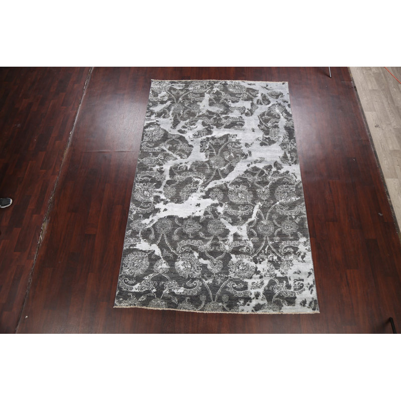 Tapis gris / blanc noué à la main de conception unique 6 pi 1 po x 9 pi 7 po New Age
