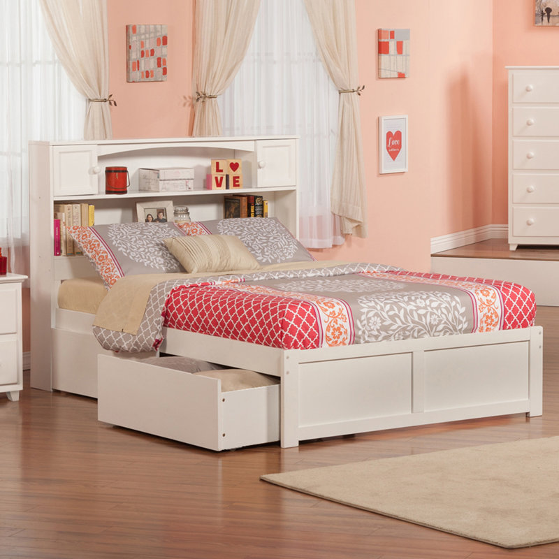  Lit plateforme en bois massif avec pied de lit et tiroir de rangement Casandra, Blanc, Double